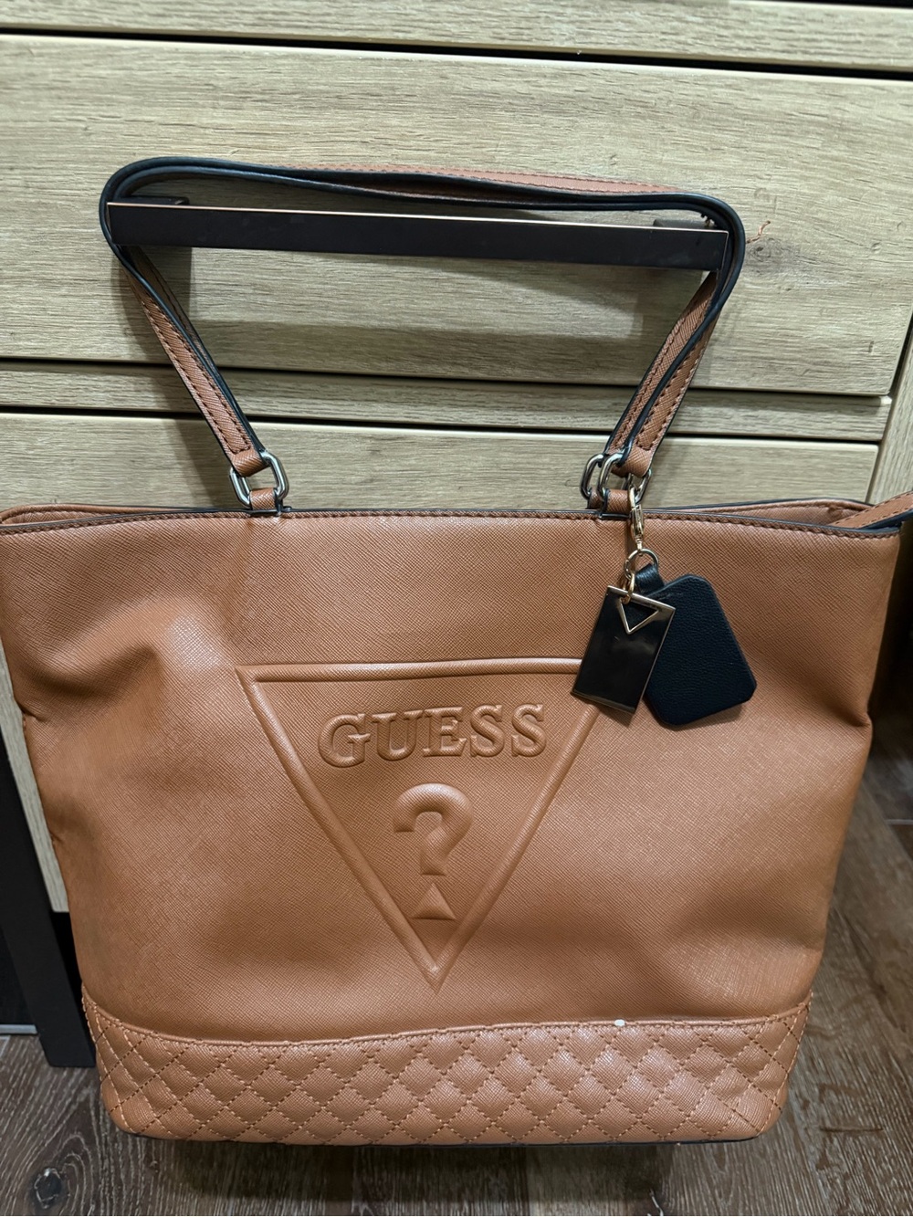 GUESS Tan Quilted Tote Bag